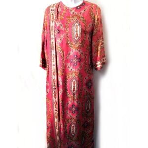 Vintage Julius Lonschein Pink Wrap Long Floral India Boho Caftan Dress M JL
